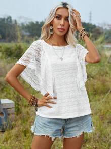 SHEIN LUNE Áo thun nữ Tương phản ren màu trơn Giải trí - trắng - Xem 5