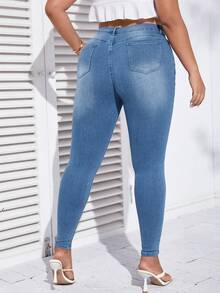SHEIN Essnce Jeans ajustados desgarro con cremallera - Azul lavado medio - Ver 2