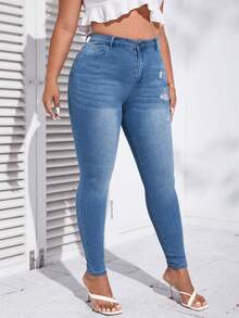 SHEIN Essnce Jeans ajustados desgarro con cremallera - Azul lavado medio - Ver 3