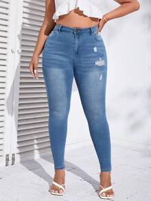 SHEIN Essnce Jeans ajustados desgarro con cremallera - Azul lavado medio - Ver 4