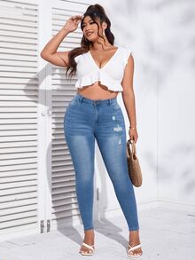 SHEIN Essnce Jeans ajustados desgarro con cremallera - Azul lavado medio - Ver 5