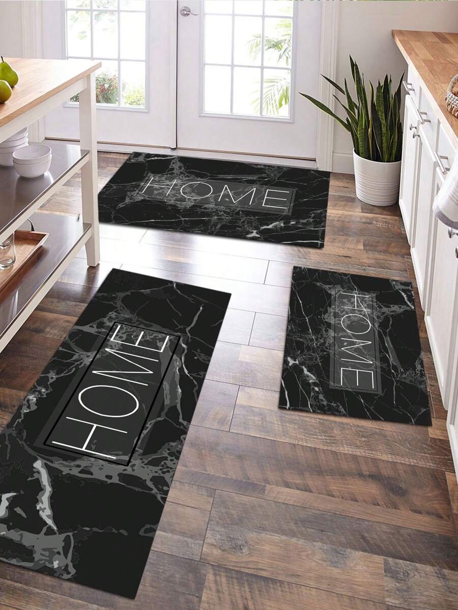 1 pieza Alfombra para cocina de mármol & con estampado de letra anti deslizante - Negro - Ver 1