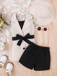 SHEIN Young Girl Lapel Neck Belted Vest Coat & Cami Top & Shorts & Accessory Hat - Multicolor - View 4