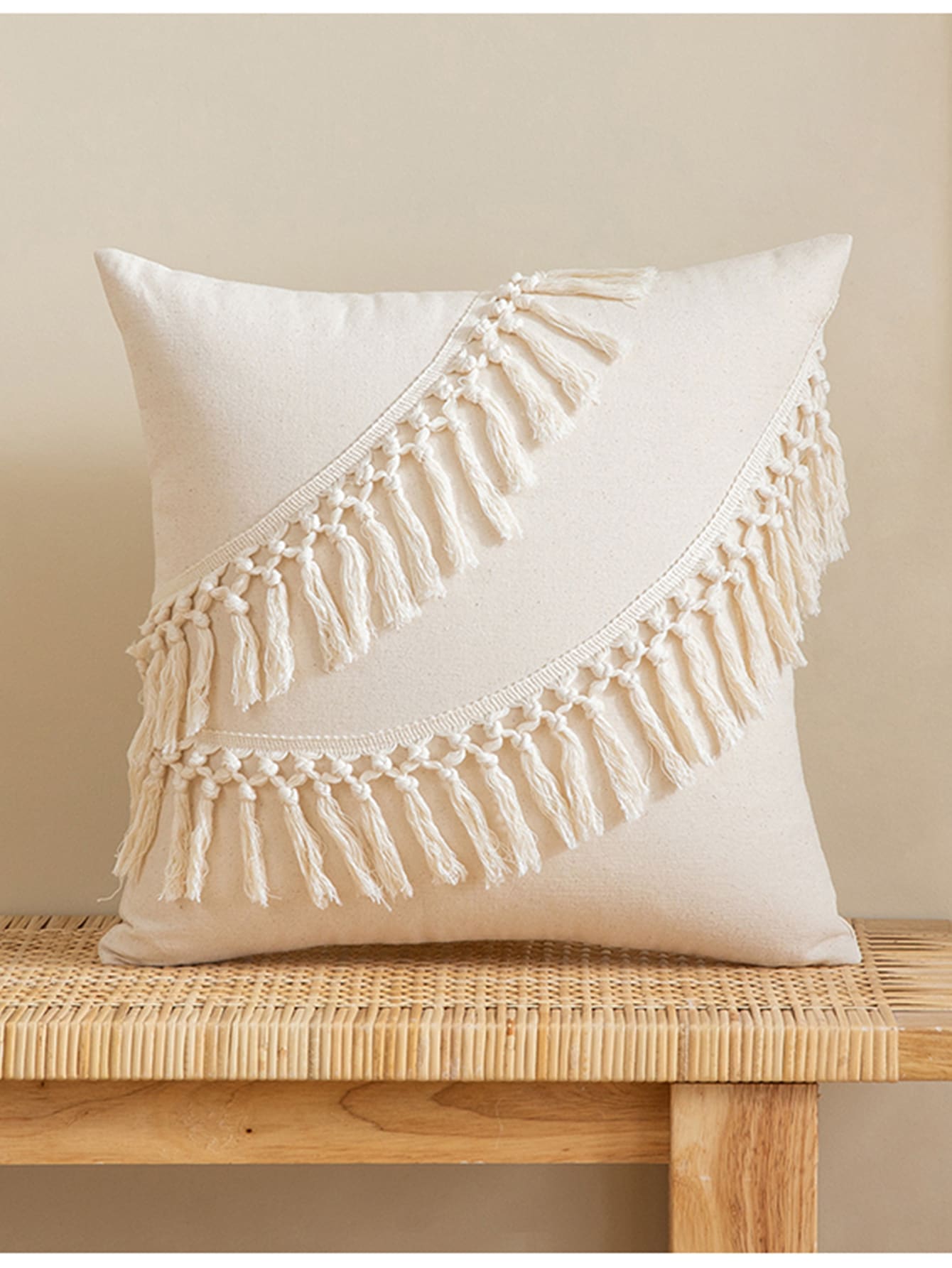 Tassel Decor Cushion Cover Without Filler - Beige - View 1