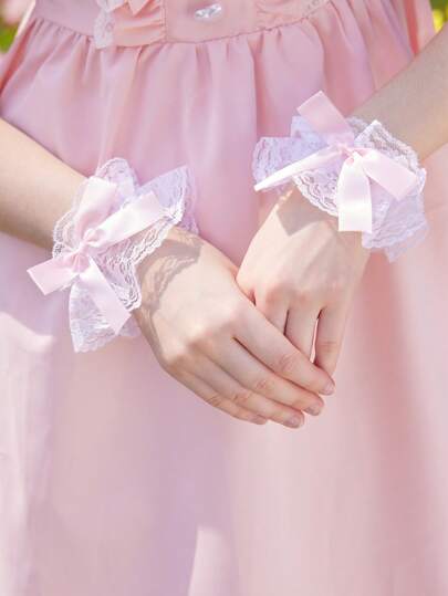 Kawaii Bow Decor Ruffle Design Fake Cuffs Valentines