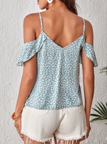 SHEIN Frenchy Ditsy Floral Print Cold Shoulder Ruffle Trim Blouse - Mint Green - View 2
