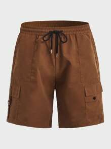ROMWE MEN 男士側翻蓋口袋腰部抽繩短褲 - 棕色 - 查看 1