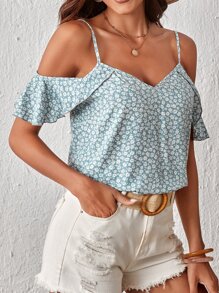 SHEIN Frenchy Ditsy Floral Print Cold Shoulder Ruffle Trim Blouse - Mint Green - View 5