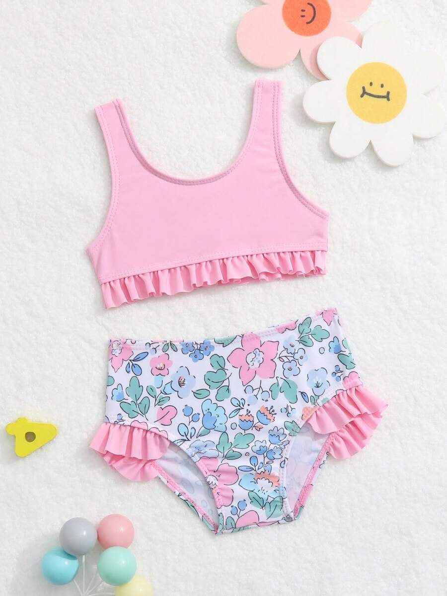 Ropa de playa de verano para niña bebé con estampado floral y ribete de volantes - Multicolor - Ver 1