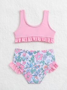 Ropa de playa de verano para niña bebé con estampado floral y ribete de volantes - Multicolor - Ver 2