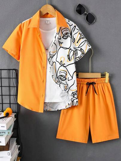 SHEIN Chicos Camisa con estampado de figura & Shorts de cintura con cordón sin camiseta