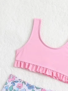 Ropa de playa de verano para niña bebé con estampado floral y ribete de volantes - Multicolor - Ver 4