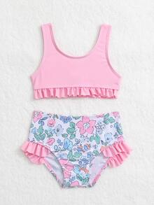 Ropa de playa de verano para niña bebé con estampado floral y ribete de volantes - Multicolor - Ver 5