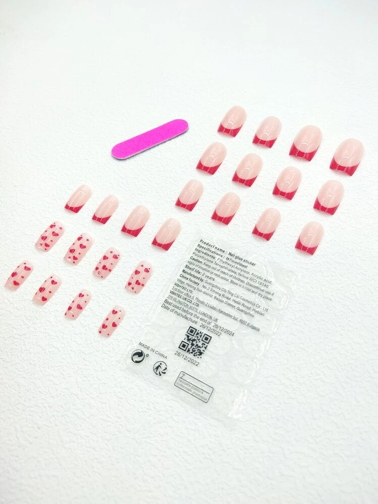24 pièces Faux Ongles Améliorer Votre Look Avec long Carré Rouge Français Avec Motif Cœur & 1 Pièce Lime À Ongles & 1 Feuille De Ruban À Ongles - Vieux Rose - Voir 2
