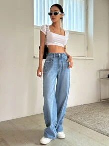 DAZY High Waist Straight Leg Jeans - Medium Wash - View 6