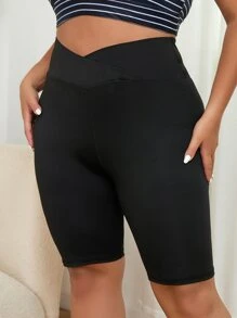Yoga Basic Plus版式交疊腰運動短褲，摩托車短褲 - 黑色 - 查看 1