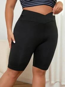 Yoga Basic Plus版式交疊腰運動短褲，摩托車短褲 - 黑色 - 查看 5
