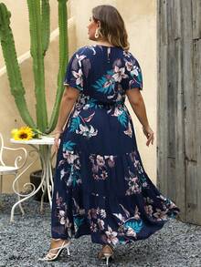 Nemidor Plus Tropical Print Ruffle Hem Dress - Navy Blue - View 2