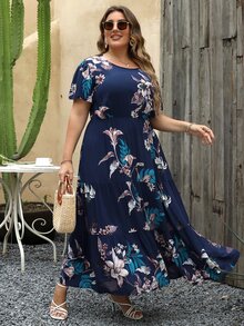 Nemidor Plus Tropical Print Ruffle Hem Dress - Navy Blue - View 4