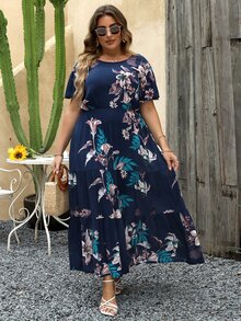 Nemidor Plus Tropical Print Ruffle Hem Dress - Navy Blue - View 6