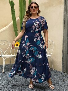 Nemidor Plus Tropical Print Ruffle Hem Dress - Navy Blue - View 7