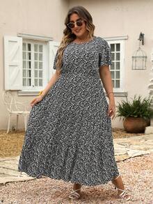 Nemidor 大码波西米亚风碎花印花荷叶边下摆连衣裙，适合夏季 - 黑與白 - 查看 6