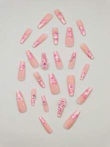 使用24入組長棺材粉色珍珠星星水鑽圖案假指甲和1張膠帶和1入組指甲銼立即升級您造型 - 彩色 - 查看 2