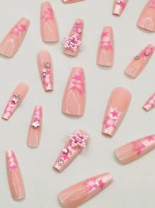 使用24入組長棺材粉色珍珠星星水鑽圖案假指甲和1張膠帶和1入組指甲銼立即升級您造型 - 彩色 - 查看 4