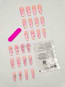 使用24入組長棺材粉色珍珠星星水鑽圖案假指甲和1張膠帶和1入組指甲銼立即升級您造型 - 彩色 - 查看 5