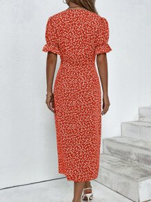 Breezaya 碎花荷葉袖圍裹連衣裙 - 紅色 - 查看 2