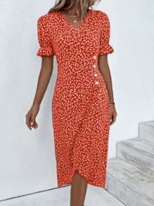 Breezaya 碎花荷葉袖圍裹連衣裙 - 紅色 - 查看 4