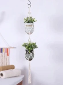 1入組素色植物架,波西米亞織物編織細節流蘇裝飾懸掛式花籃適用於花園 - 米色 - 查看 1