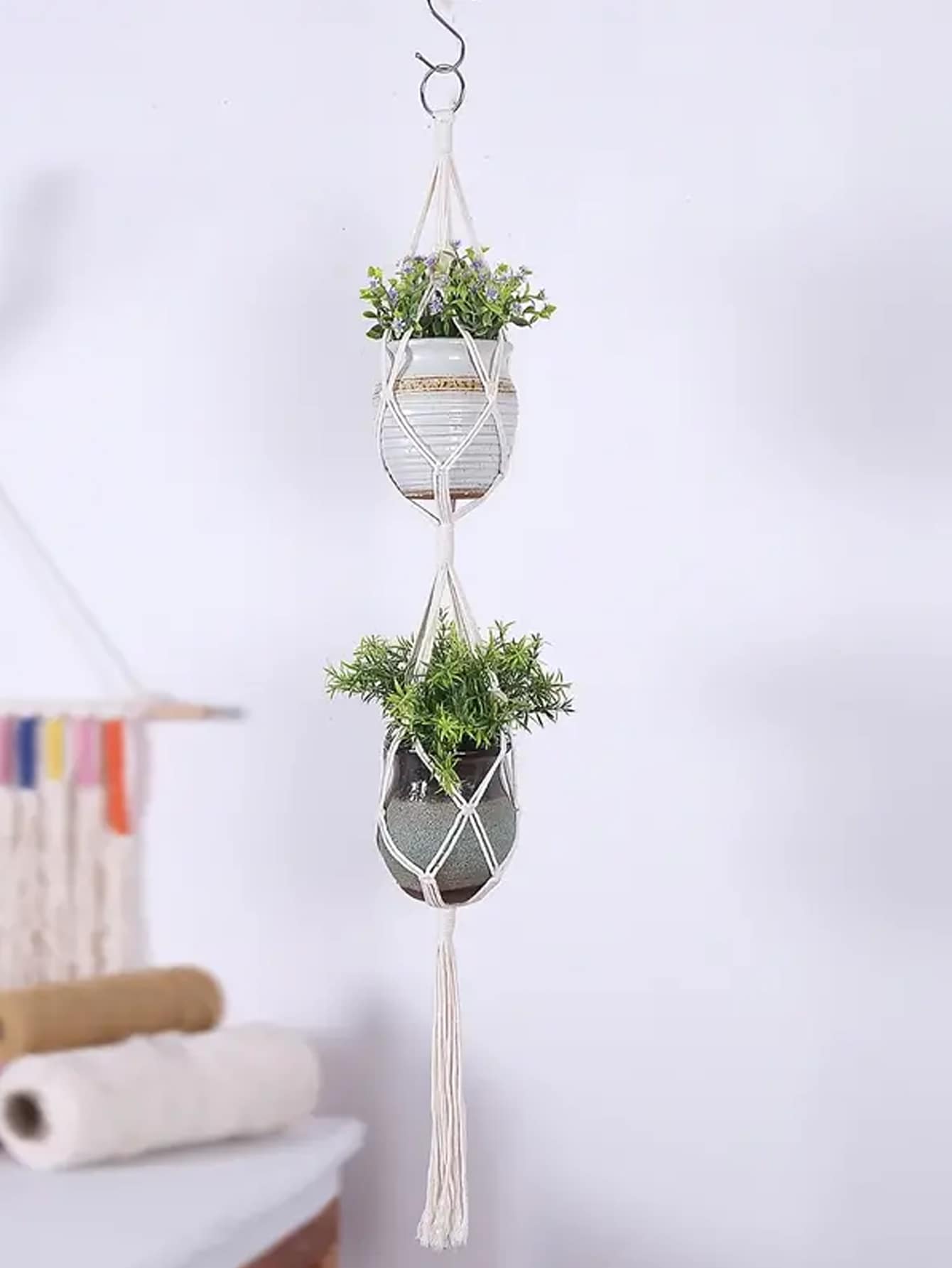1入組素色植物架,波西米亞織物編織細節流蘇裝飾懸掛式花籃適用於花園 - 米色 - 查看 1