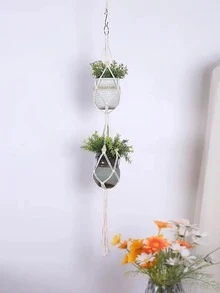 1入組素色植物架,波西米亞織物編織細節流蘇裝飾懸掛式花籃適用於花園 - 米色 - 查看 2