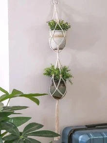 1入組素色植物架,波西米亞織物編織細節流蘇裝飾懸掛式花籃適用於花園 - 米色 - 查看 3