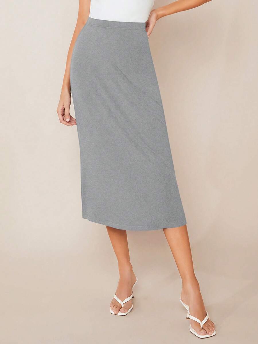 SHEIN BASICS Solid Elastic Waist Straight Leg Skirt - Light Grey - View 1