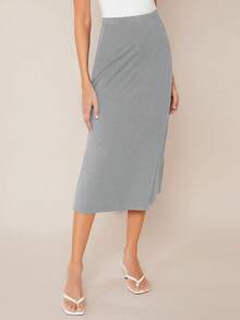 SHEIN BASICS Solid Elastic Waist Straight Leg Skirt - Light Grey - View 3