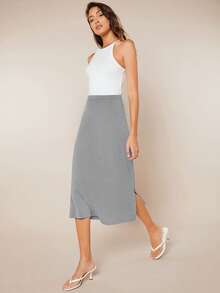 SHEIN BASICS Solid Elastic Waist Straight Leg Skirt - Light Grey - View 4