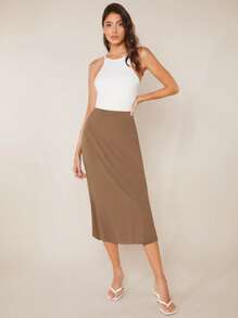SHEIN BASICS Solid Split Hem Skirt - Mocha Brown - View 1