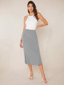 SHEIN BASICS Solid Elastic Waist Straight Leg Skirt - Light Grey - View 6