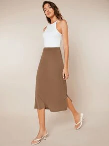 SHEIN BASICS Solid Split Hem Skirt - Mocha Brown - View 4