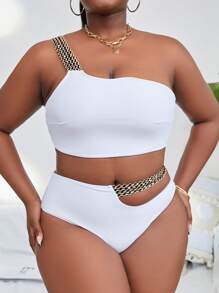 大尺碼對比色帶露肩剪裁比基尼套裝，夏季沙灘必備 - 白色 - 查看 2