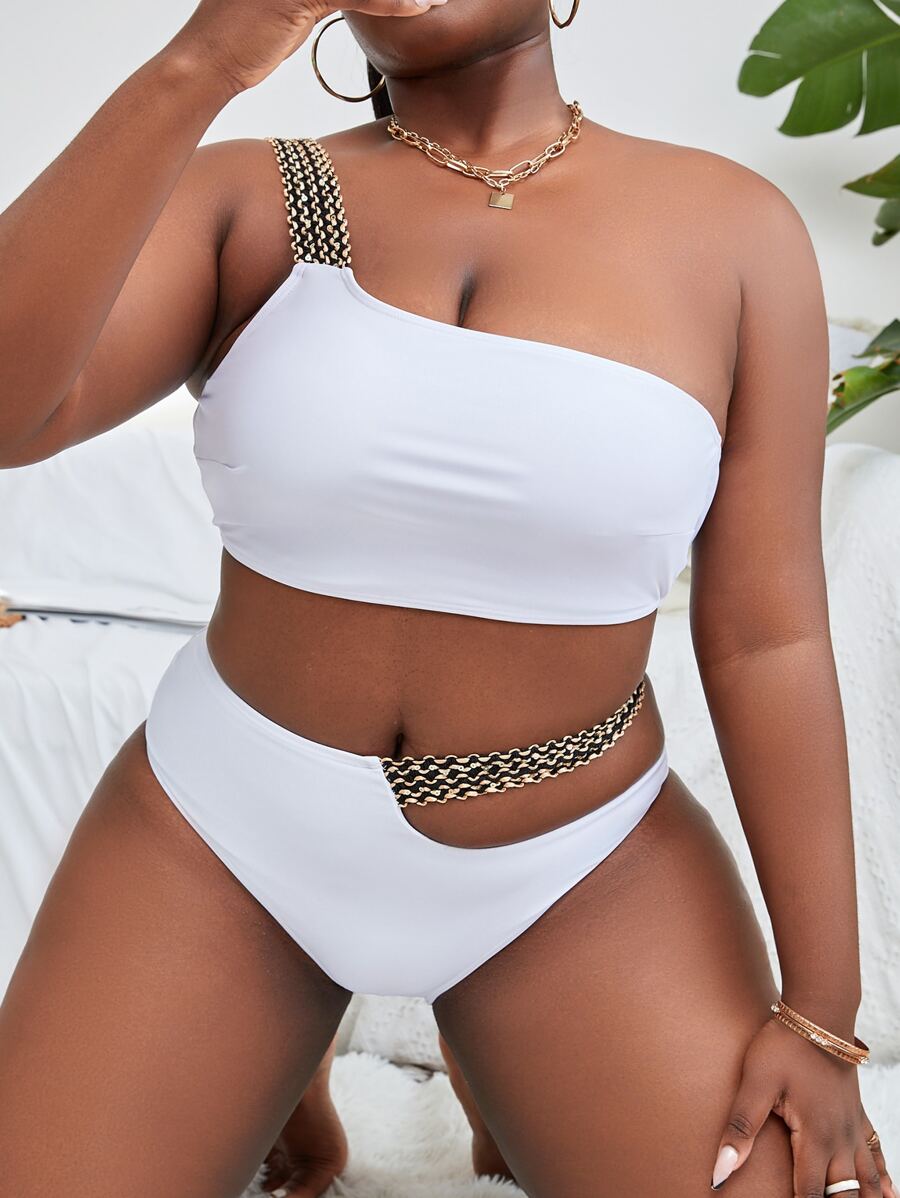 大尺碼對比色帶露肩剪裁比基尼套裝，夏季沙灘必備 - 白色 - 查看 1