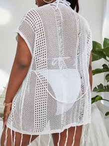 Kimono con abertura bajo con fleco de manga murciélago - Blanco - Ver 2