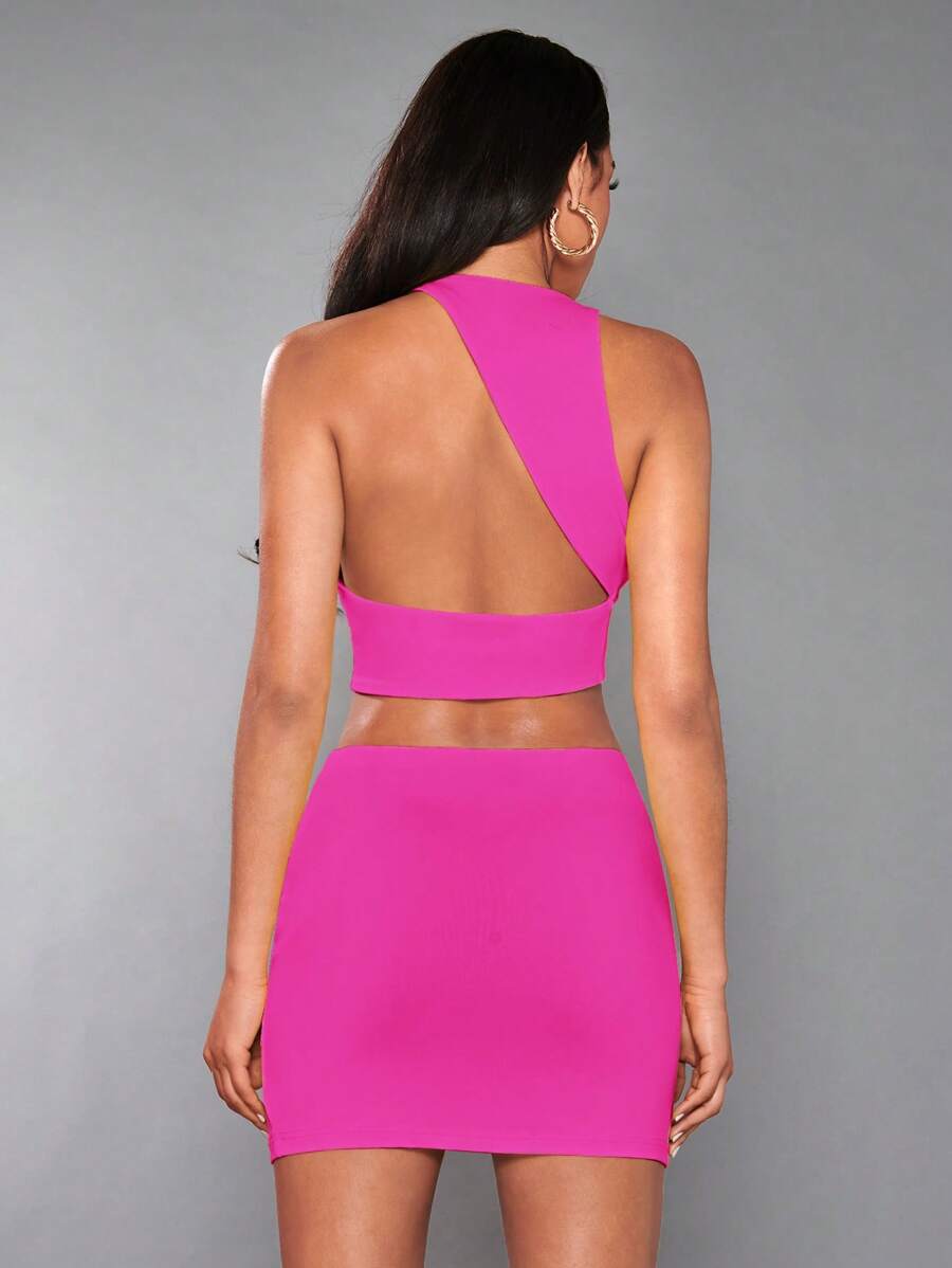SHEIN BAE unicolor Top tank crop & Falda ajustada - Rosa Fucsia - Ver 1