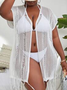 Kimono con abertura bajo con fleco de manga murciélago - Blanco - Ver 4