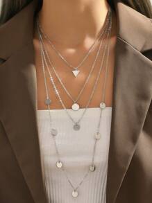 1pc Disc Decor Layered Chain Necklace, Stainless Steel Jewelry - Silver - View 1