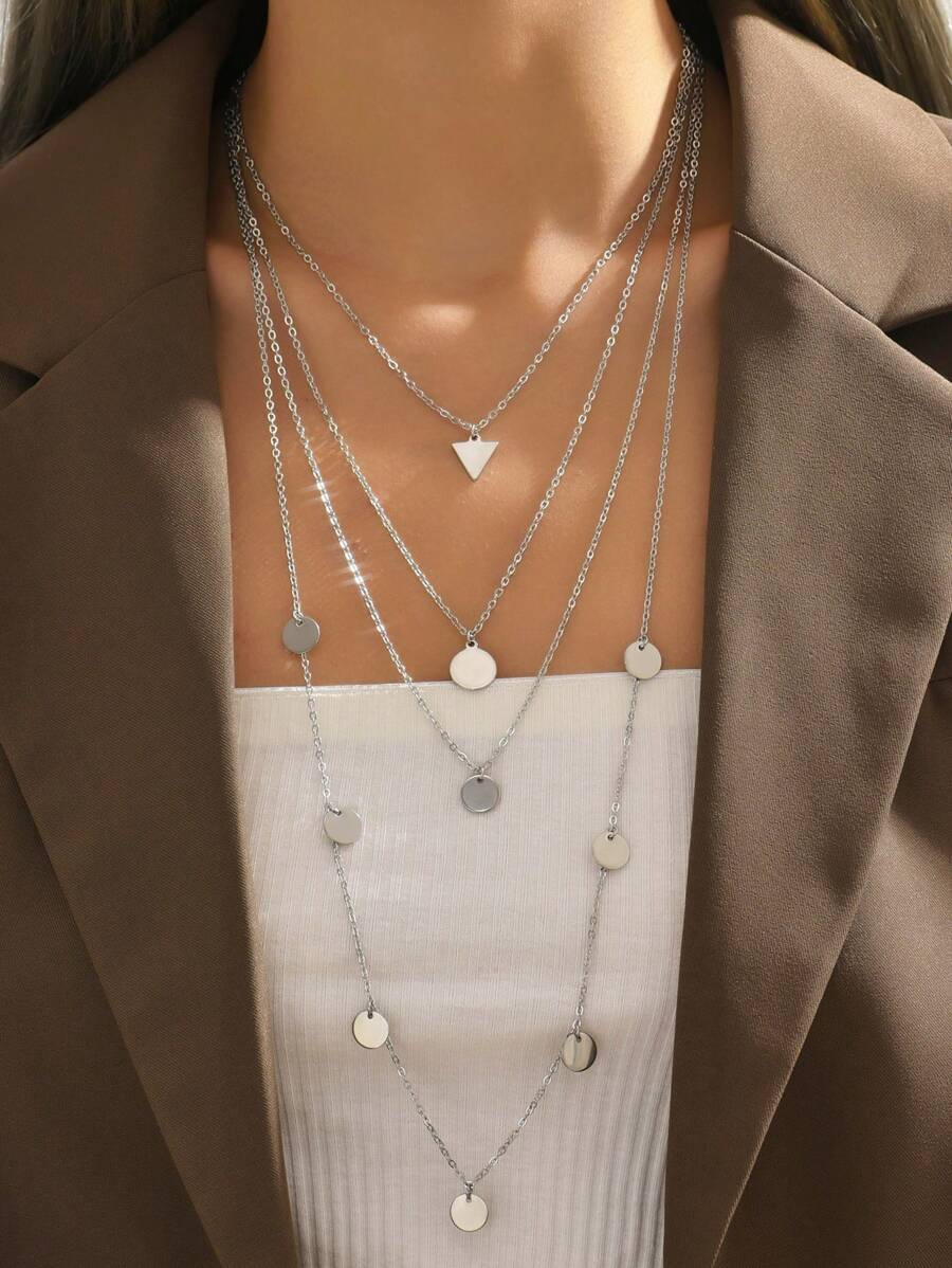 1pc Disc Decor Layered Chain Necklace, Stainless Steel Jewelry - Silver - View 1