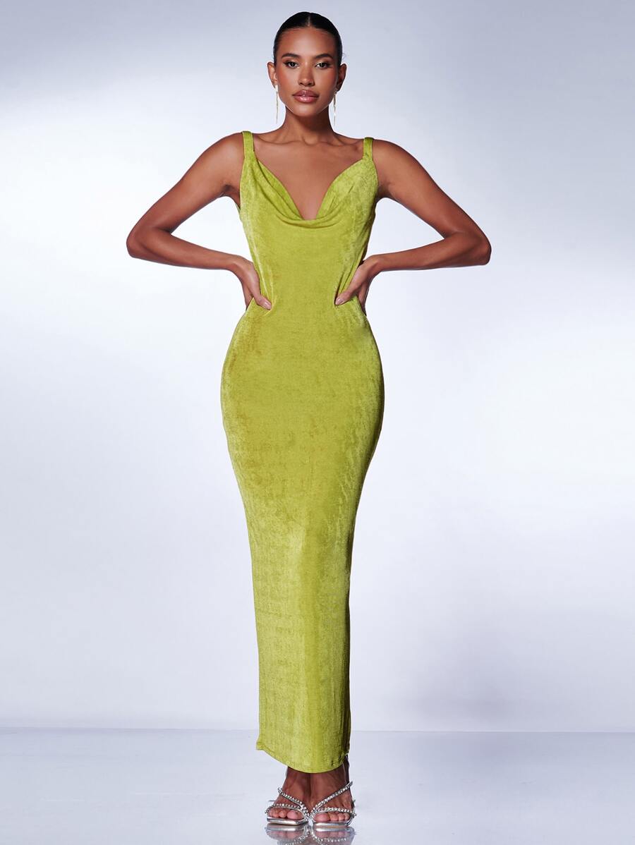 SHEIN BAE Đầm Lộ Lưng Vắt màu trơn Gợi cảm - Màu xanh Ô liu - Xem 1