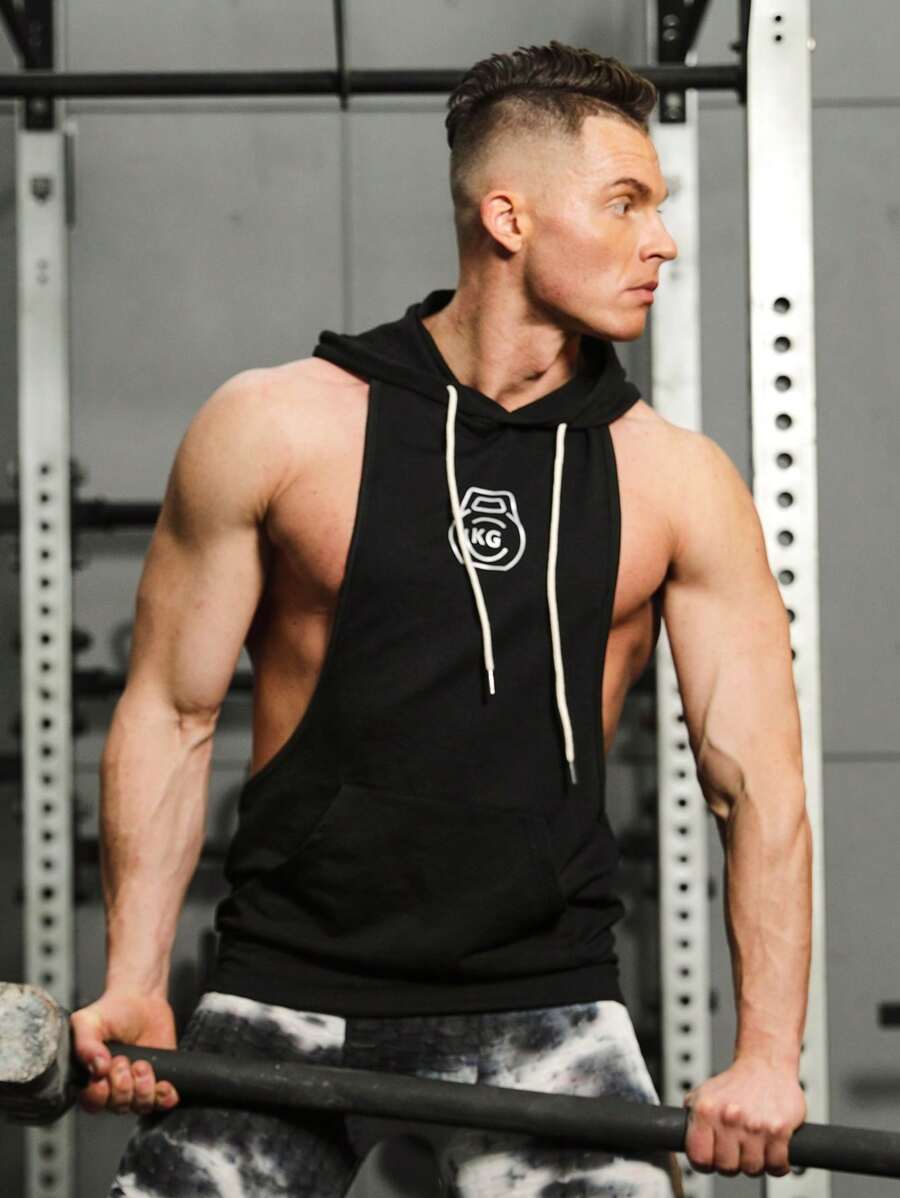 GymBeat 男士字母圖形束口帽運動背心，運動上衣 - 黑色 - 查看 1